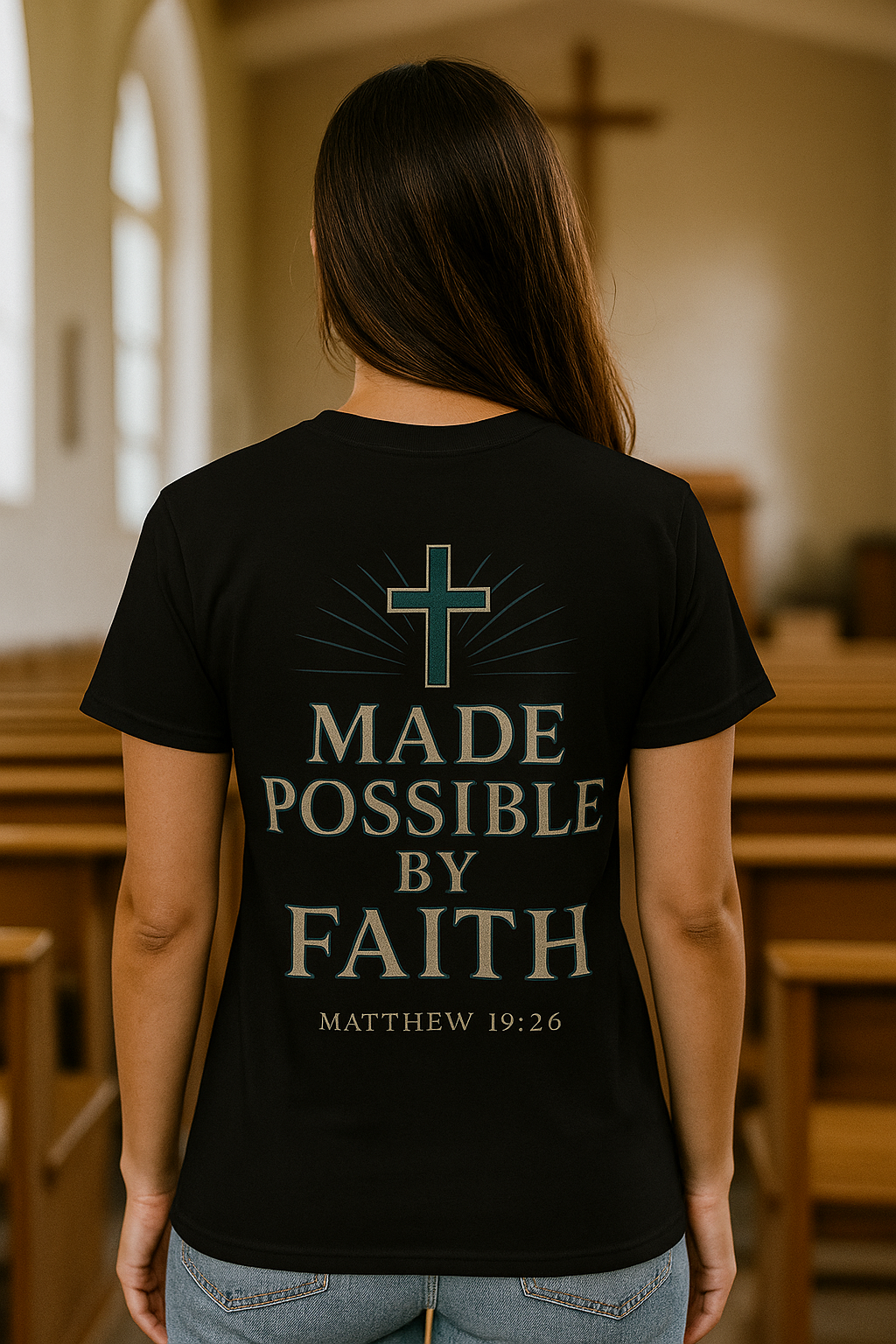 “Made Possible by Faith" Christian Tee – Matthew 19:26 | Immense Faith Apparel