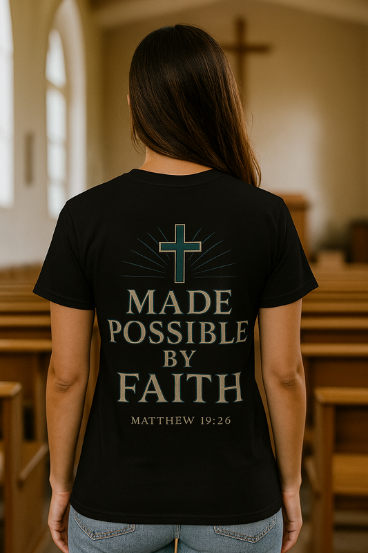 “Made Possible by Faith" Christian Tee – Matthew 19:26 | Immense Faith Apparel